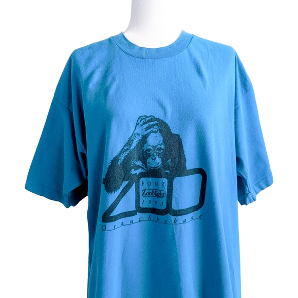 1993 Single Stitch Vintage FONZ Zoo Night Short Sleeve Teal Rare Tee Shirt XL - Picture 3 of 8